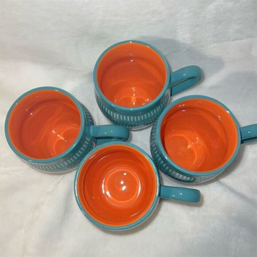 Baum Tangier Turquoise Teal Coffee Mugs Set of 4 Linear Dots Design - Picture 6 of 6